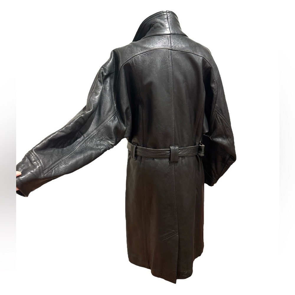 BLACK LEATHER BELTED GRUNGE PUNK GOTH TRENCH COAT FRENCH VERSION FRANCAISE SZ L - Picture 7 of 17